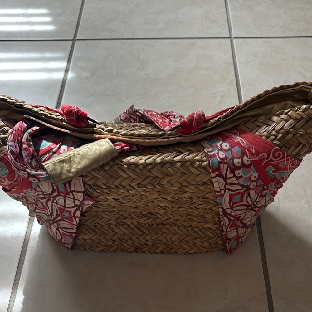 Others Follow Woven Straw Bag with Red and Gold Accents vintage